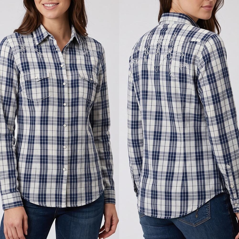 Ryan Michael Womens Large Silk Blend Blue Plaid Snap Front Shirt